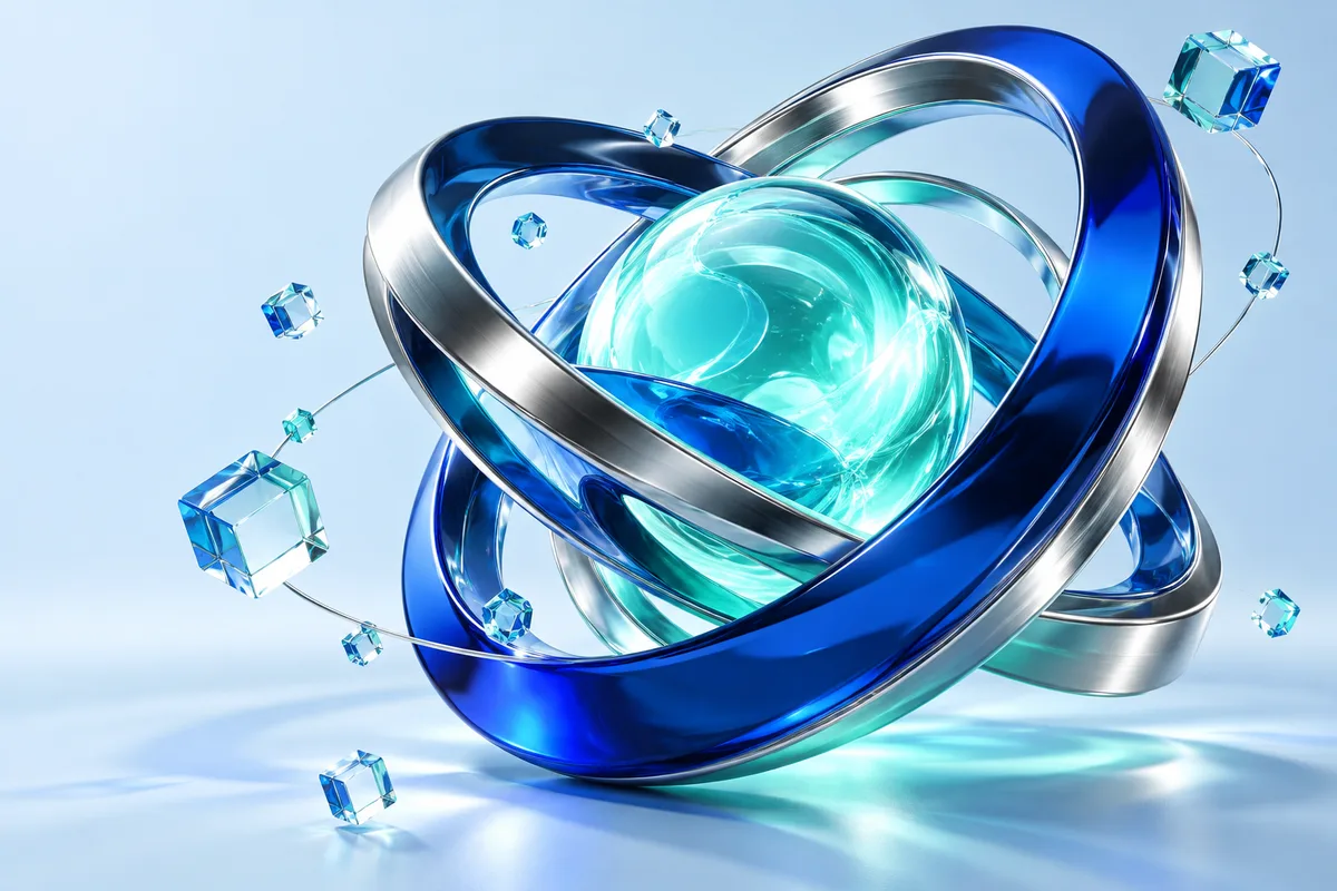 Cobalt and chrome orbit sculpture around a luminous aqua core, representing connected growth.